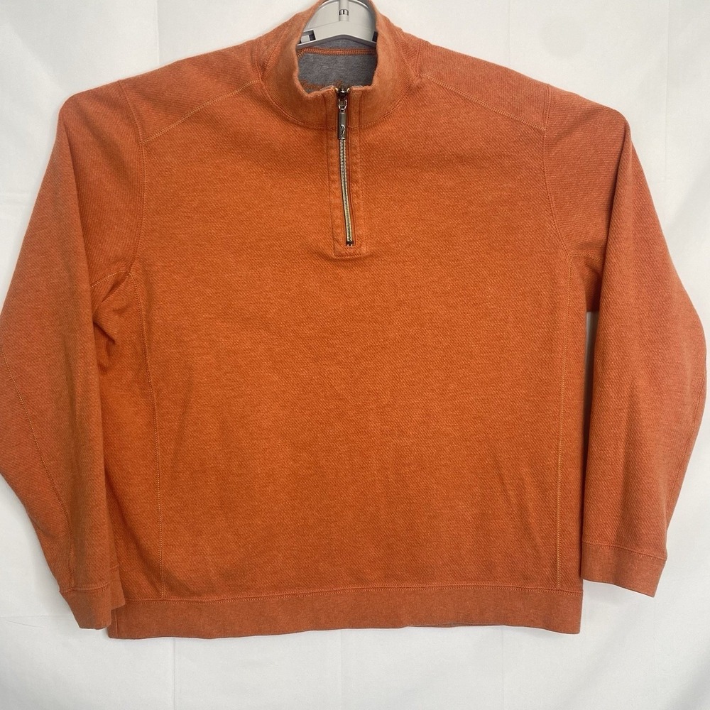 Tommy Bahama Mens Reversible Sweatshirt Medium Orange Heavyweight 1/4 Zip Ribbed